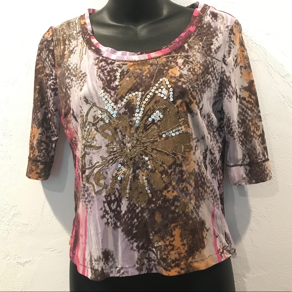 Sheer Quarter Length Blouse With Sequin Flower